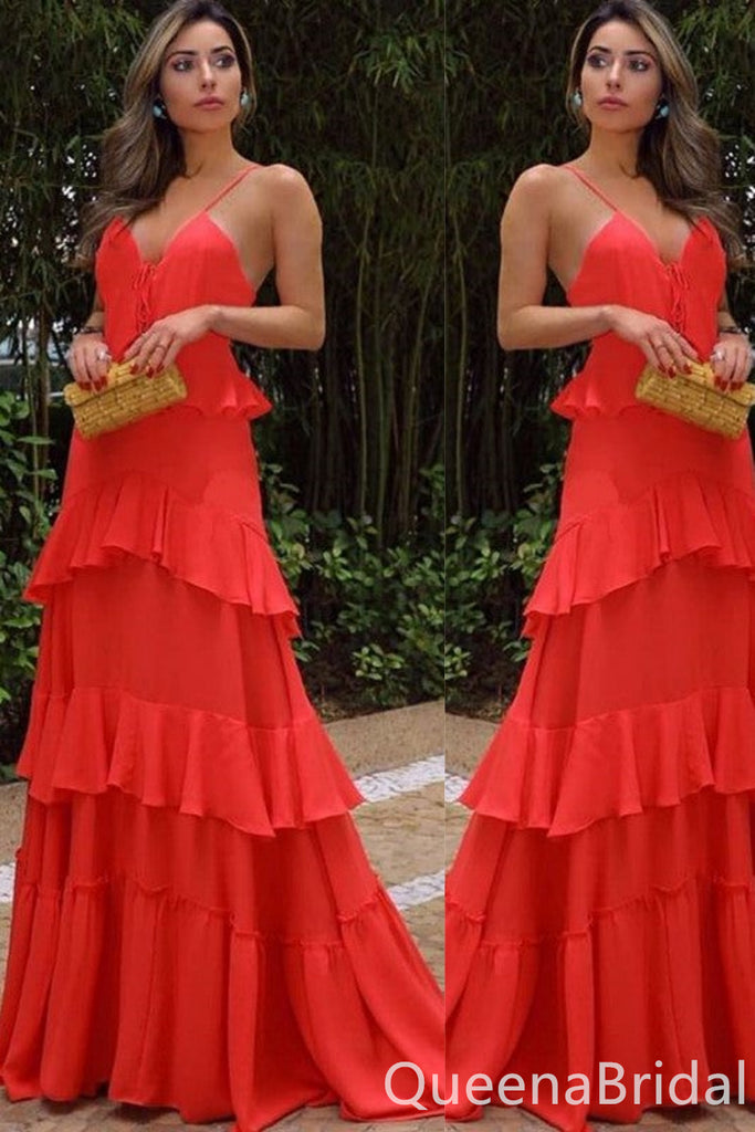 Elegant Red Spaghetti Straps V Neck A-line Long Party Dress Prom Dresses,WGP1725