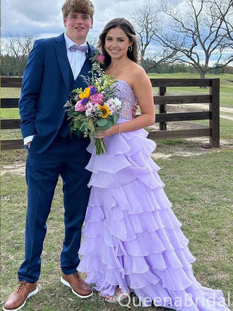 Elegant Strapless Lilac Lace Appliques Tiered A-line Long Prom Dresses ,WGP1637