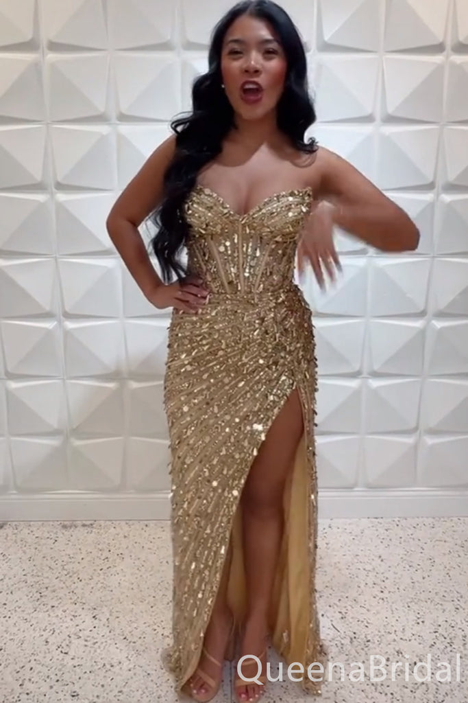 Stunning Gold Strapless Sweetheart Side Slit Mermaid Long Prom Dresses ,WGP1641