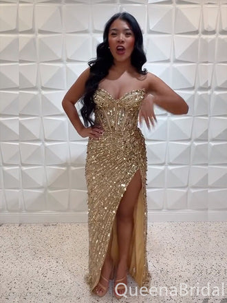 Stunning Gold Strapless Sweetheart Side Slit Mermaid Long Prom Dresses ,WGP1641