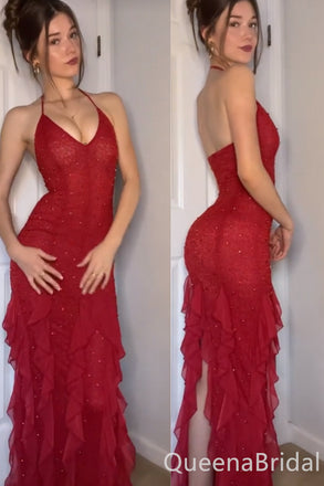 Sexy Red Halter V Neck Mermaid Long Prom Dresses ,WGP1644
