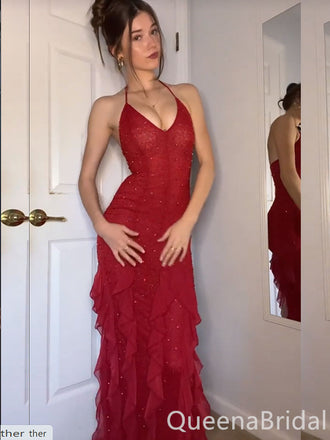 Sexy Red Halter V Neck Mermaid Long Prom Dresses ,WGP1644