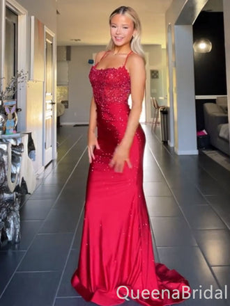 Sexy Red Spaghetti Straps Beaded Mermaid Long Prom Dresses ,WGP1645