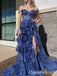 Sparkle Blue Off Shoulder Tiered A-line Lace Appliques Ruffles Long Prom Dresses to Impress ,WGP1345