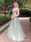 Elegant Green Spaghetti Strap A-Line V Neck Appliques Lace Up Back Long Prom Dresses,WGP439