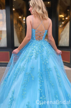 Blue Spaghetti Straps A-line Lace Appliques Long Prom Dresses to Impress ,WGP1346