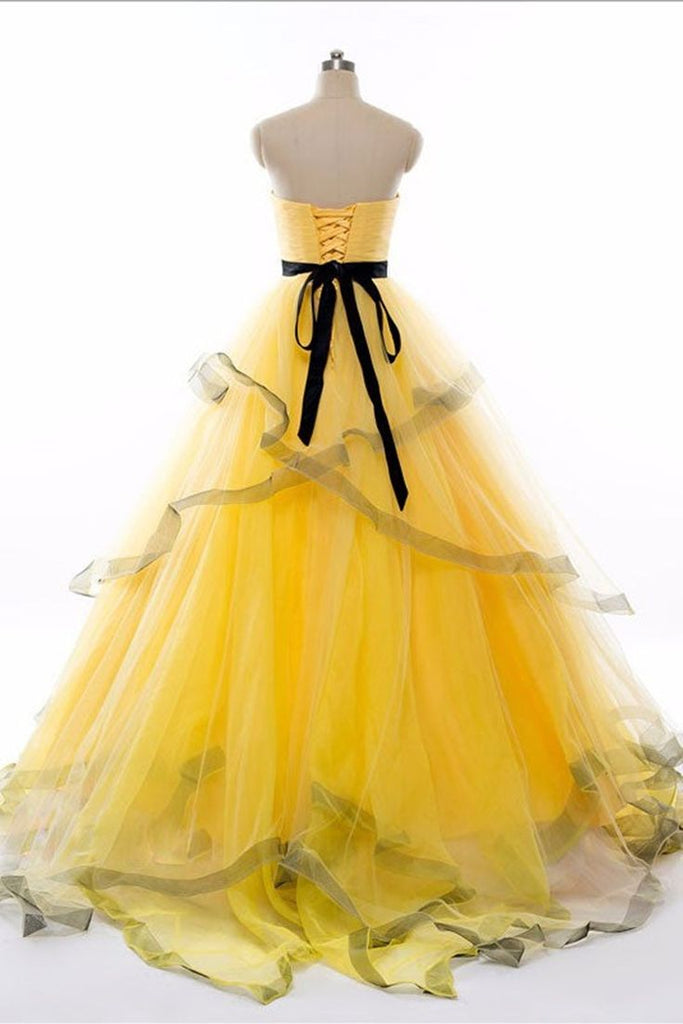 Yellow Layer Fluffy Sweetheart Sheer Corset Lace up Back A-line Evening Gown Maxi Long Evening Party Prom Dresses ,WGP1004