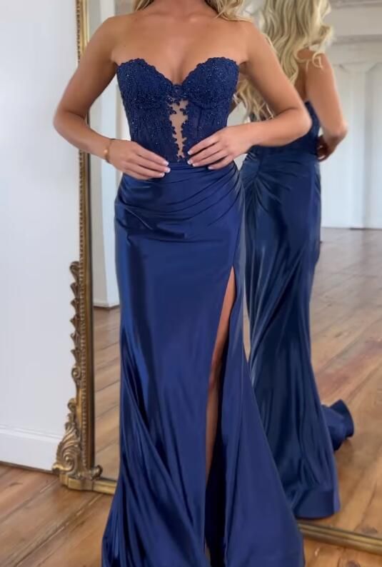 Blue Sexy Side Slit Sweetheart Mermaid Strapless Maxi Long Prom Dresses,WGP546