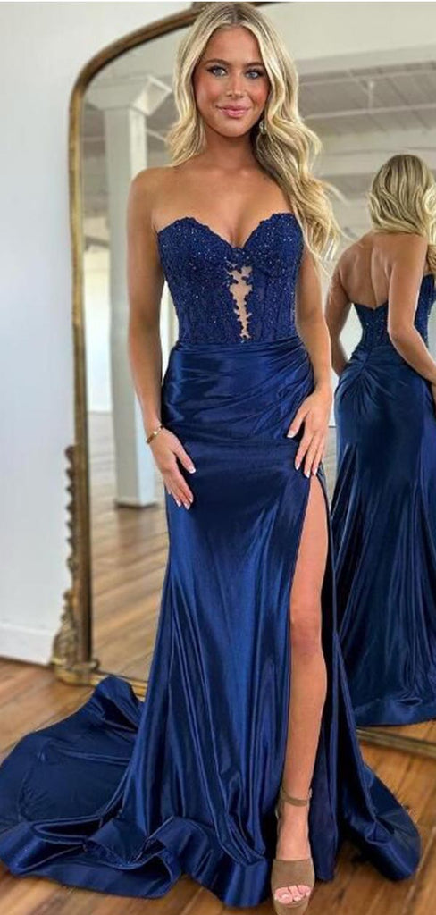 Blue Sexy Side Slit Sweetheart Mermaid Strapless Maxi Long Prom Dresses,WGP546