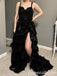 Elegant Black Spaghetti Strap A-line Sequins Ruffles Side Slit Long Prom Dresses,WGP413