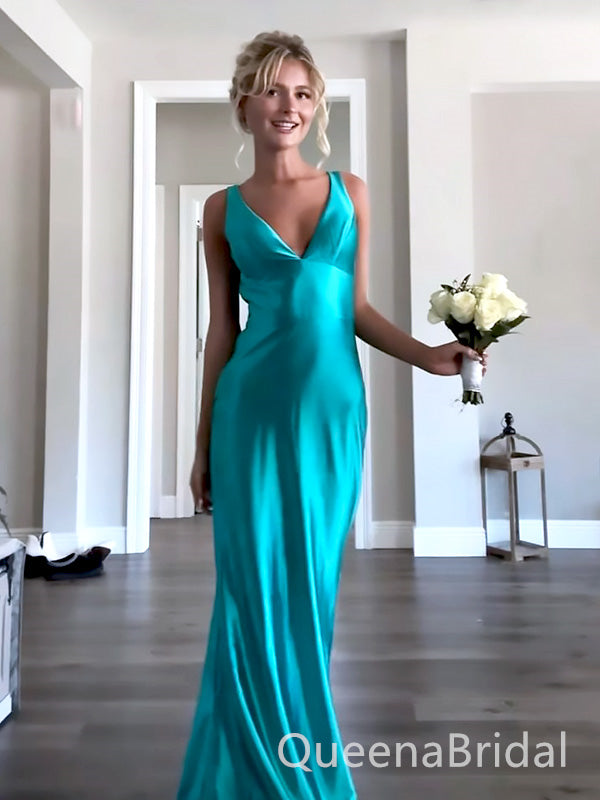 Elegant Teal Satin V-Neck Long Prom Dress - Sleek Mermaid Formal Eveni QueenaBridal Elegant Teal Satin V-Neck Long Prom Dress - Sleek Mermaid Formal Eveni QueenaBridal