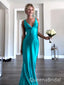 Sexy Blue V Neck Spaghetti Straps Side Slit Mermaid Sleeveless Evening Prom Dresses,WGP521