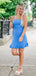 Elegant Blue Spaghetti Straps Ruffles Simple Cheap Short Homecoming Dresses, QB0496