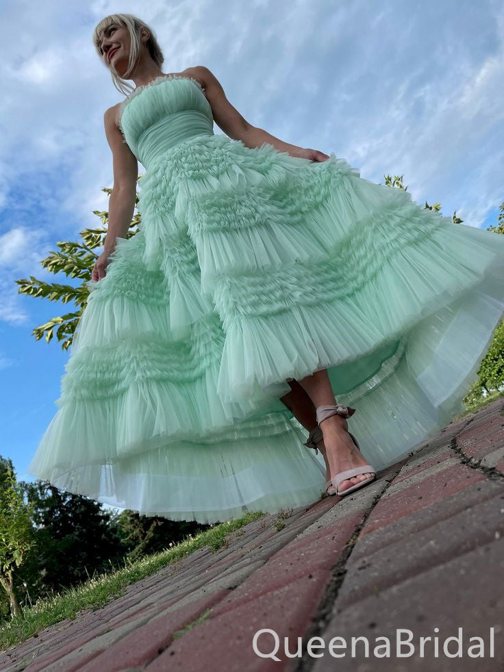 Mint Green Strapless Layer Fluffy Lace Up Back Evening Gown Maxi Long Formal Dresses Prom Dresses with Ruffles,WGP979