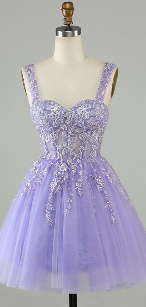 Sexy Sweetheart Purple Spaghetti Straps Appliques A-line Short Homecoming Dresses , QB0539