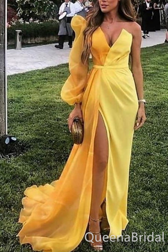 Yellow Long Sleeves Sheath Evening Gown Long Evening Party Prom Dresses with Slit,WGP1253