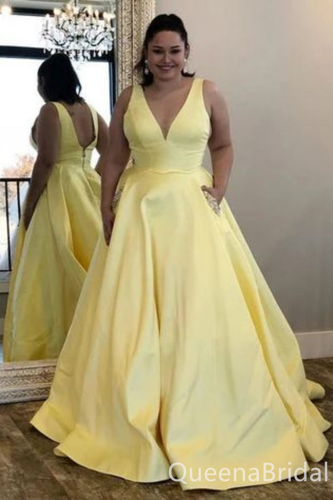 Light Yellow Plunging A-line Long Prom Dresses to Impress Plus Size,WGP1347