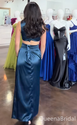 Stylish Ink Blue Jewel Sheath Satin Long Prom Dresses ,WGP1650