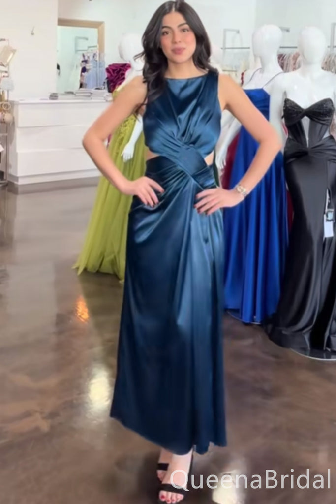Stylish Ink Blue Jewel Sheath Satin Long Prom Dresses ,WGP1650