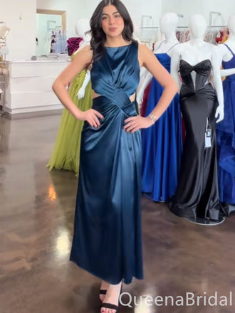 Stylish Ink Blue Jewel Sheath Satin Long Prom Dresses ,WGP1650