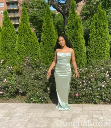 Elegant Mint Green Mermaid Satin Long Prom Dresses ,WGP1651