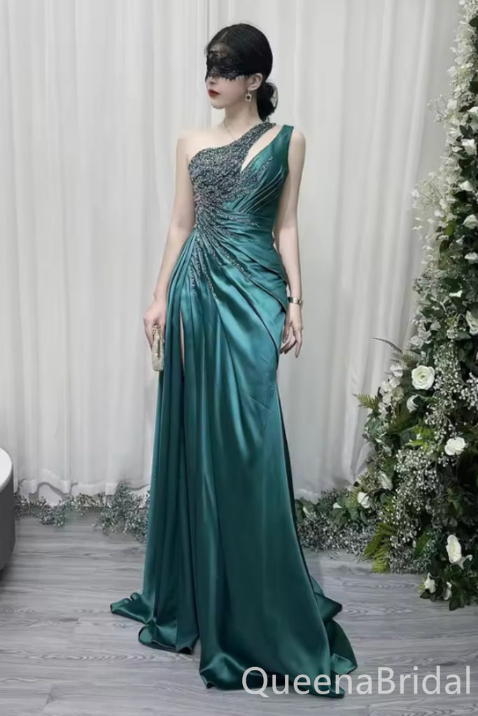 Gorgeous One Shoulder Side Slit Beaded A-line Satin Long Prom Dresses ,WGP1652