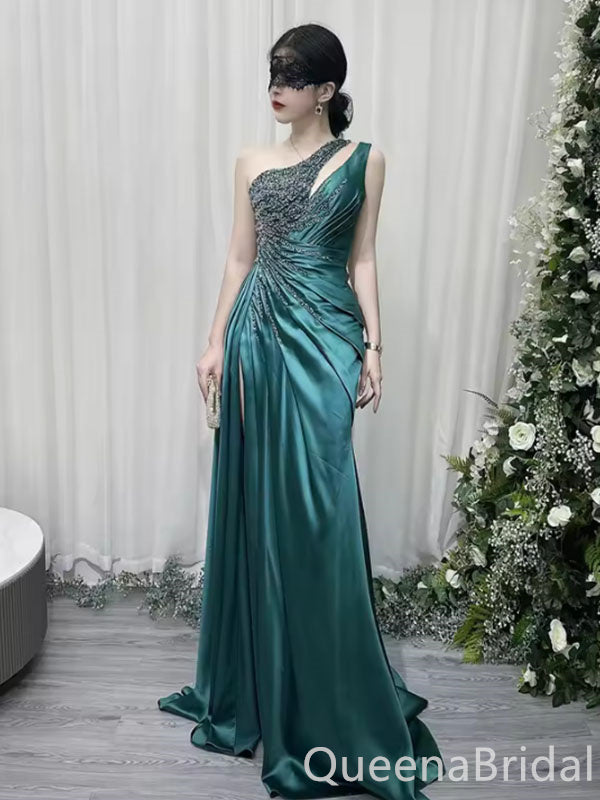 Gorgeous One Shoulder Side Slit Beaded A-line Satin Long Prom Dresses ,WGP1652