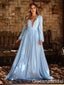 Light Blue A-line Long Sleeves Plunging Evening Gown Maxi Long Evening Party Prom Dresses ,WGP1144