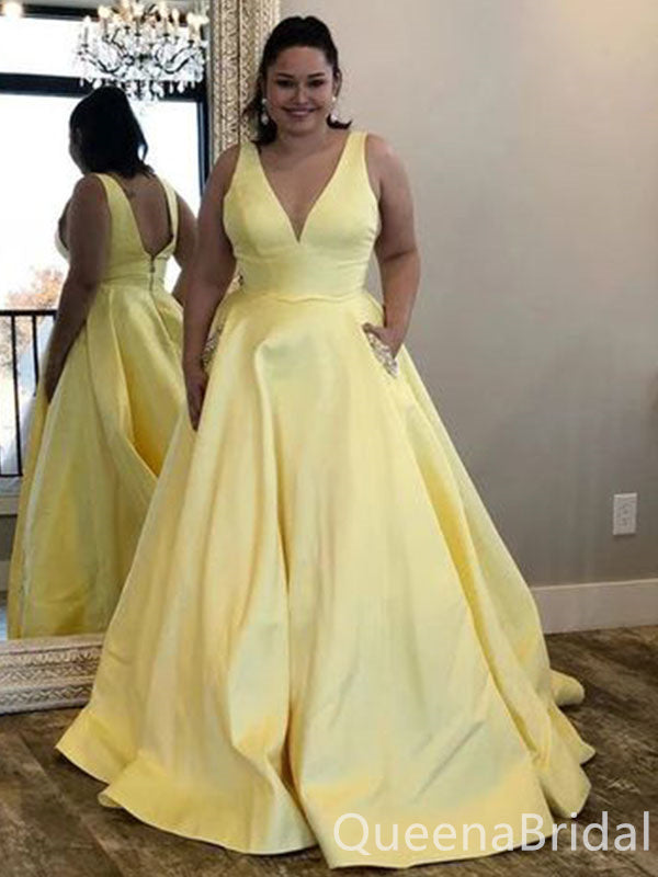 Light Yellow Plunging A-line Long Prom Dresses to Impress Plus Size,WGP1347