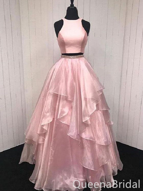 Pink Halter Beaded Fluffy Two Pieces Evening Gown Maxi Long Evening Party Prom Dresses ,WGP1068