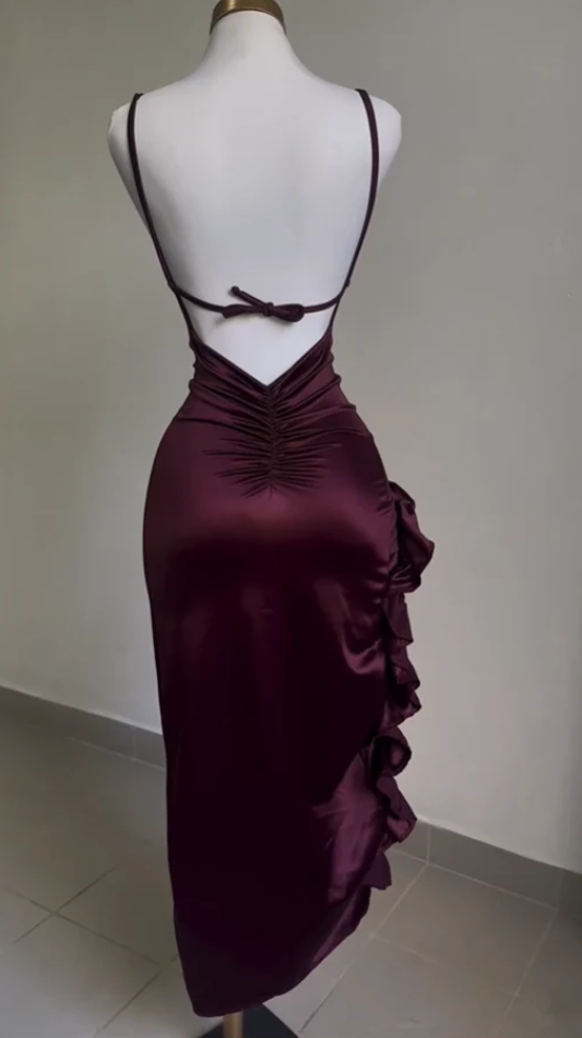 Sexy Burgundy Spaghetti Straps Mermaid Party Dress Midi Length Prom Dresses to Impress ,WGP1545