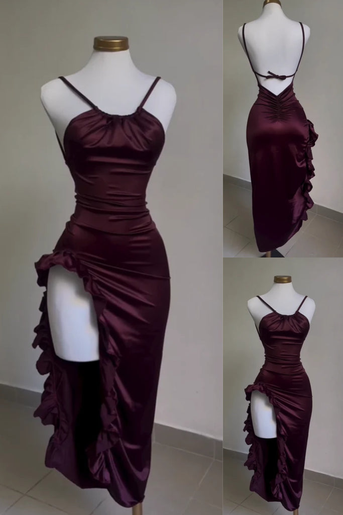 Sexy Burgundy Spaghetti Straps Mermaid Party Dress Midi Length Prom Dresses to Impress ,WGP1545