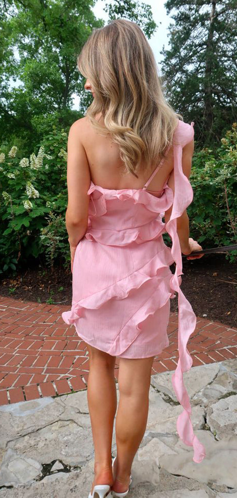 Elegant Pink One Shoulder Ruffles Simple Cheap Short Homecoming Dresses, QB0494