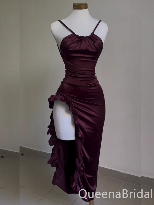 Sexy Burgundy Spaghetti Straps Mermaid Party Dress Midi Length Prom Dresses to Impress ,WGP1545