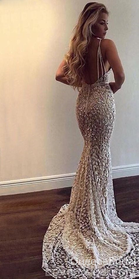 Champagne Spaghetti Straps Plunging Mermaid Flower Appliques Long Prom Dresses to Impress ,WGP1349