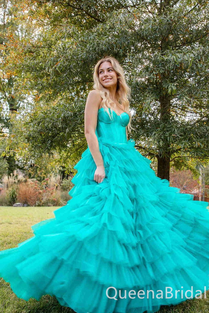 Fluffy Tiered Green Tulle Sweetheart A-line Long Party Dress Long Prom Dresses to Impress ,WGP1439