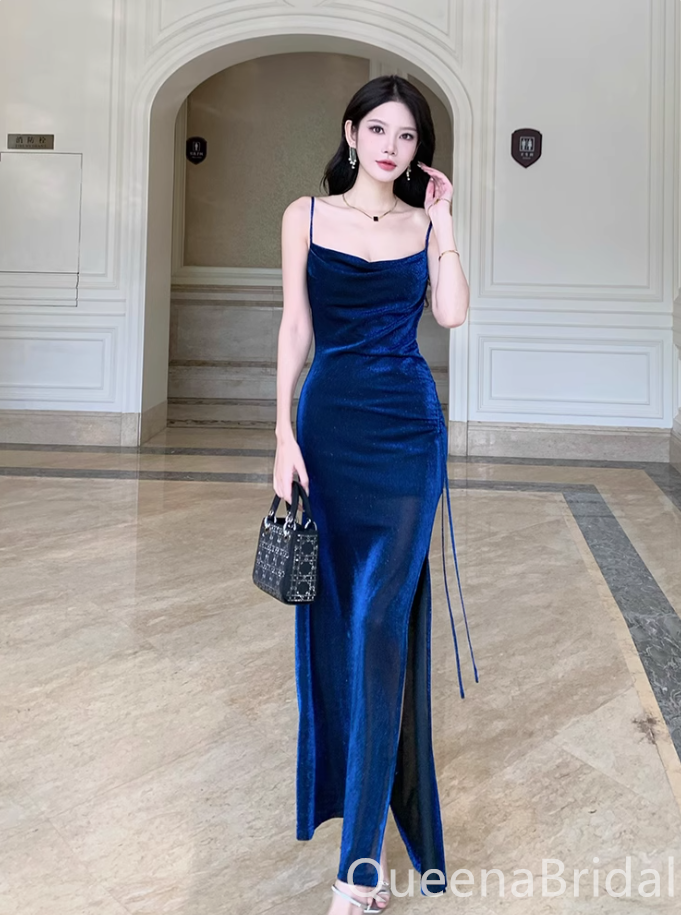 Sexy Blue Spaghetti Straps Side Slit Mermaid Long Prom Dress to Impress ,WGP1690