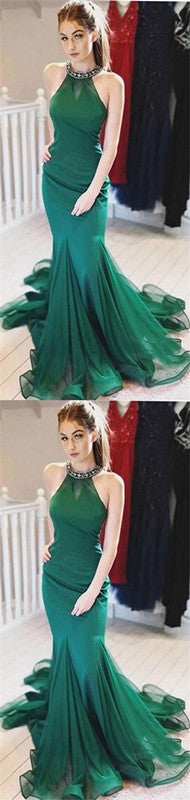 Emerald Green Mermaid Ruffles Halter Maxi Long Prom Dresses Evening Gown,WGP548