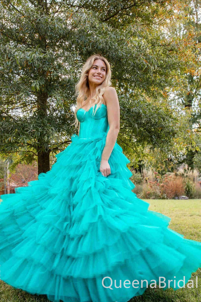 Fluffy Tiered Green Tulle Sweetheart A-line Long Party Dress Long Prom Dresses to Impress ,WGP1439