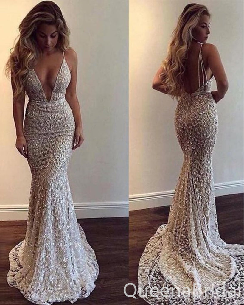 Champagne Spaghetti Straps Plunging Mermaid Flower Appliques Long Prom Dresses to Impress ,WGP1349