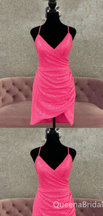 Sparkle Hot Pink Spaghetti Straps V-neck Mermaid Graduation Party Short Homecoming Dresses with Pleats ,QB0761