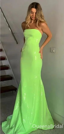 Shiny Green Strapless Mermaid Long Prom Dresses with Trailing,WGP1656