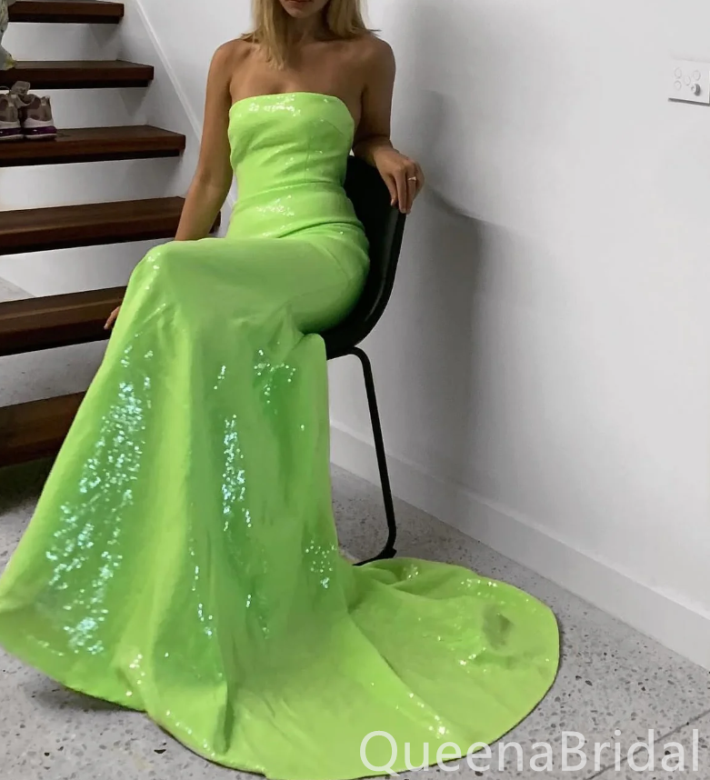 Shiny Green Strapless Mermaid Long Prom Dresses with Trailing,WGP1656