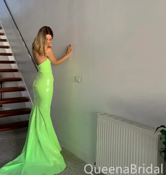 Shiny Green Strapless Mermaid Long Prom Dresses with Trailing,WGP1656