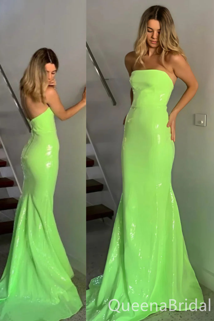 Shiny Green Strapless Mermaid Long Prom Dresses with Trailing,WGP1656