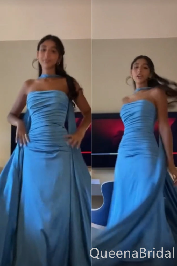 Gorgeous Blue Scarf Sheath Strapless Long Prom Dresses ,WGP1659