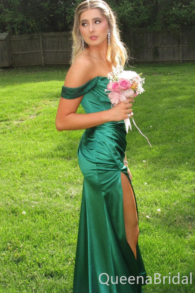 Sexy Green Off the Shoulder Side Slit Mermaid Sweetheart Long Prom Dresses ,WGP1660