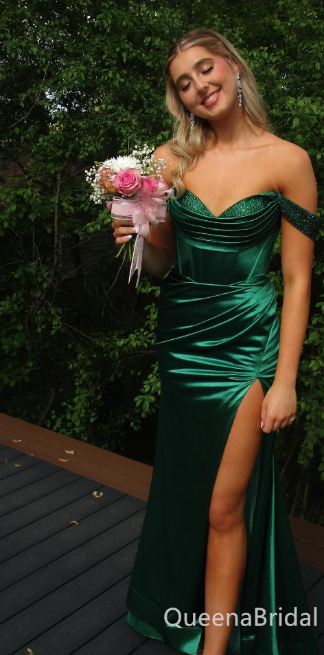 Sexy Green Off the Shoulder Side Slit Mermaid Sweetheart Long Prom Dresses ,WGP1660