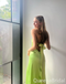 Stylish Lemon Green Spaghetti Straps Sheath Side Slit A-line Long Prom Dresses ,WGP1661