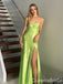 Stylish Lemon Green Spaghetti Straps Sheath Side Slit A-line Long Prom Dresses ,WGP1661